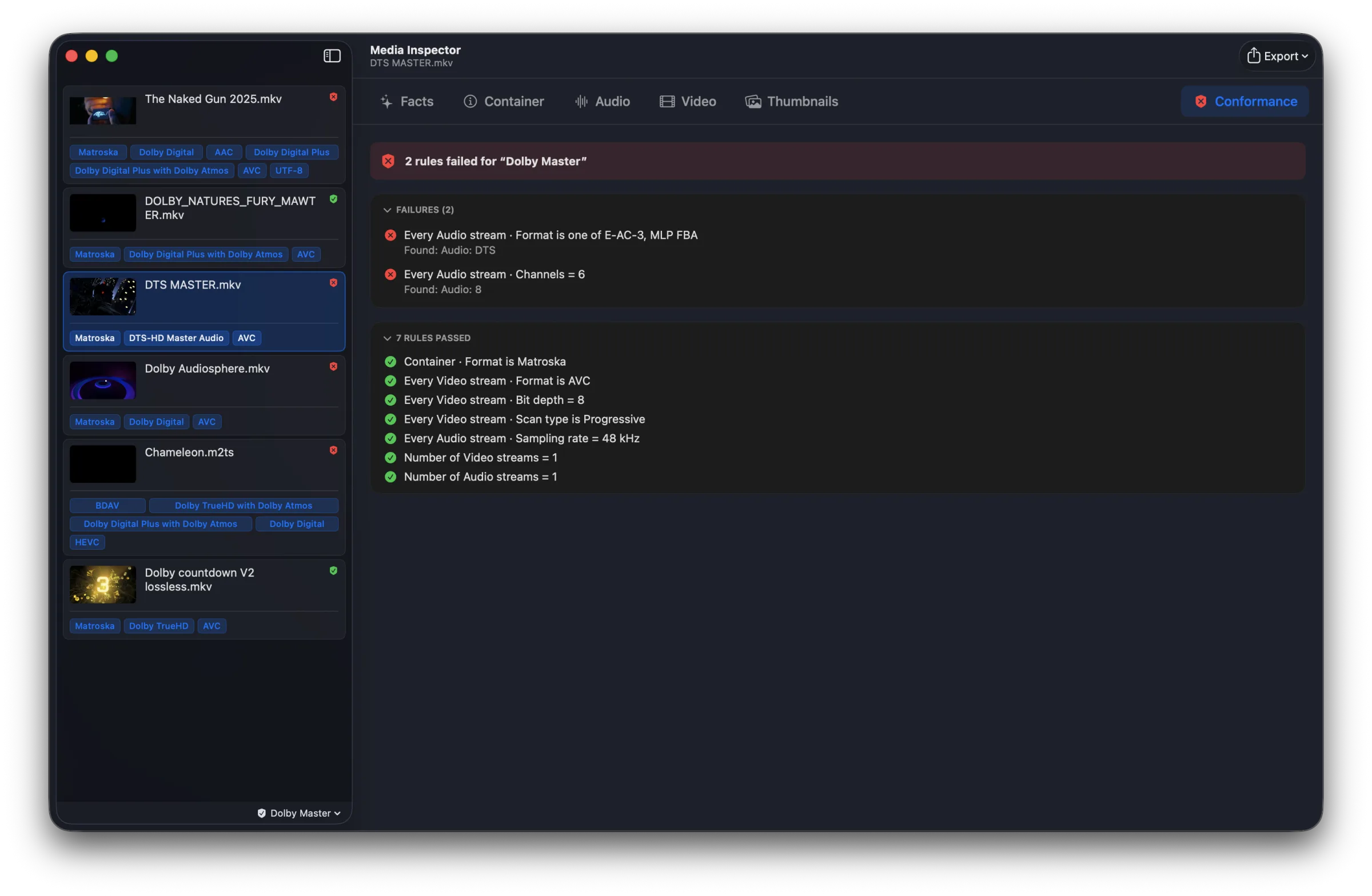 The Conformance tab showing a failing file: two rules failed, with expected versus found values