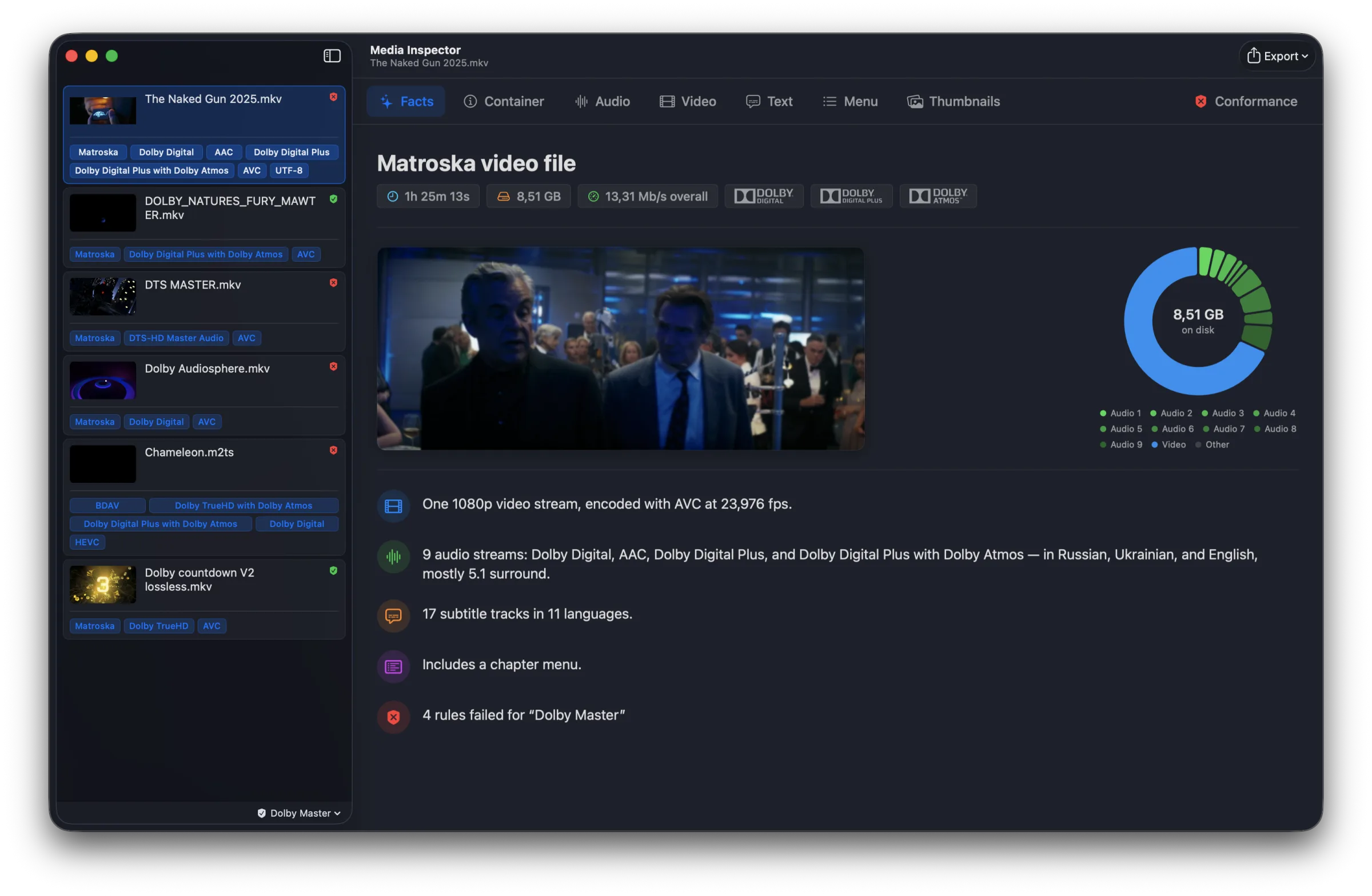 Media Inspector's Facts tab summarizing an MKV file in plain language, with format badges and a storage donut chart