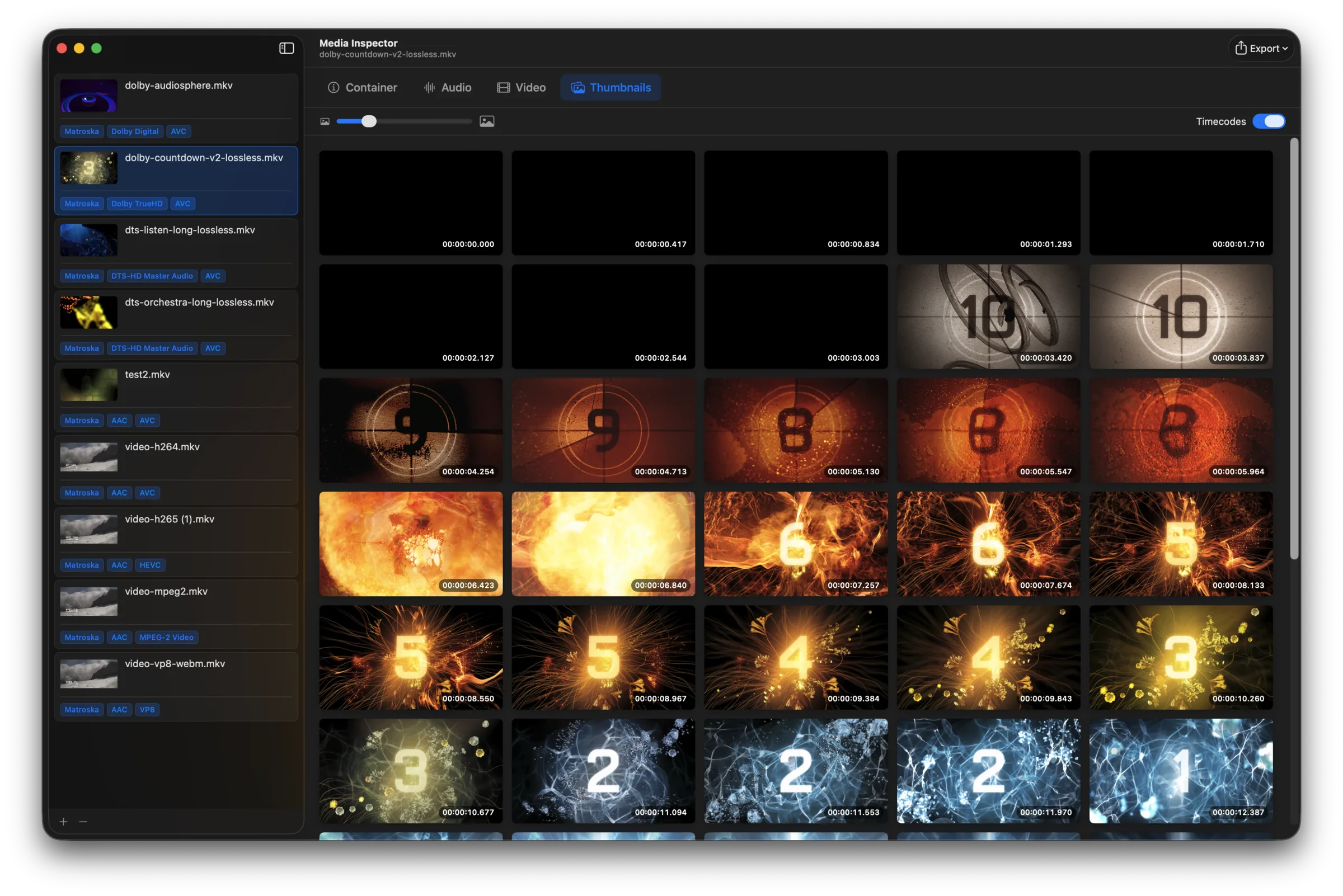 Media Inspector main window showing a grid of frame thumbnails with timecodes for an MKV file