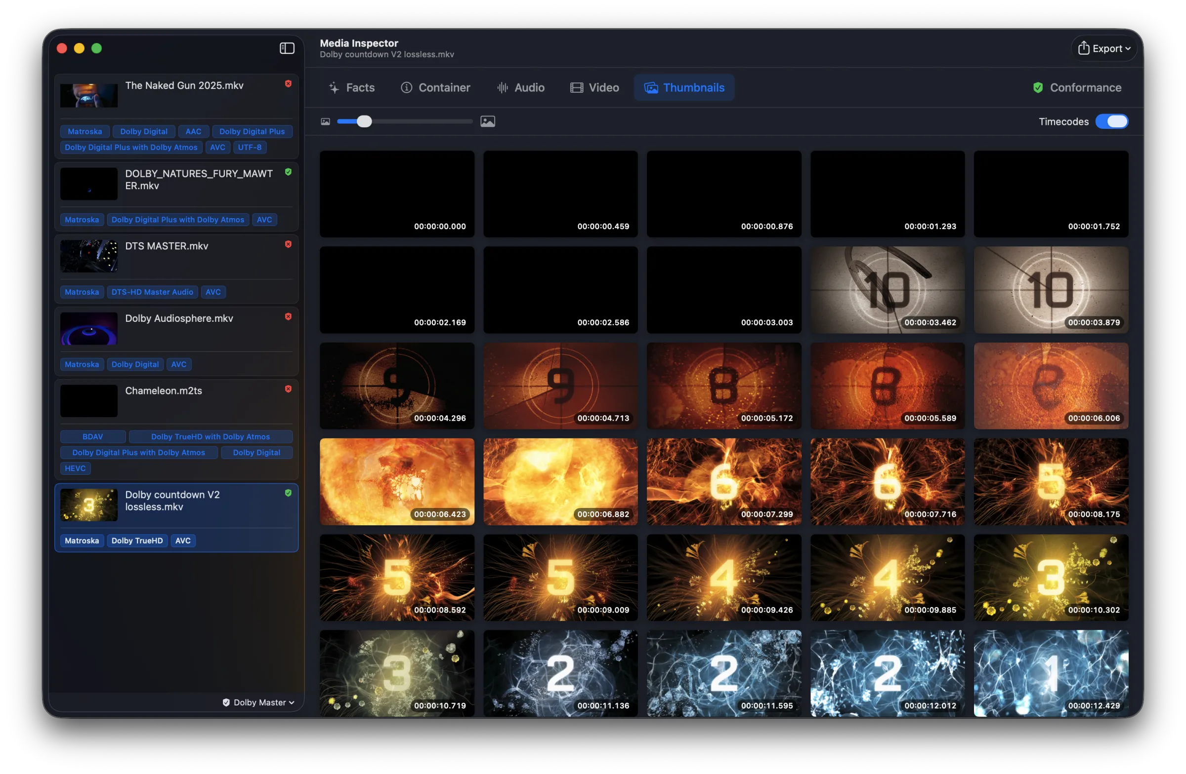The Thumbnails tab showing a grid of frames decoded from the video, with timecodes