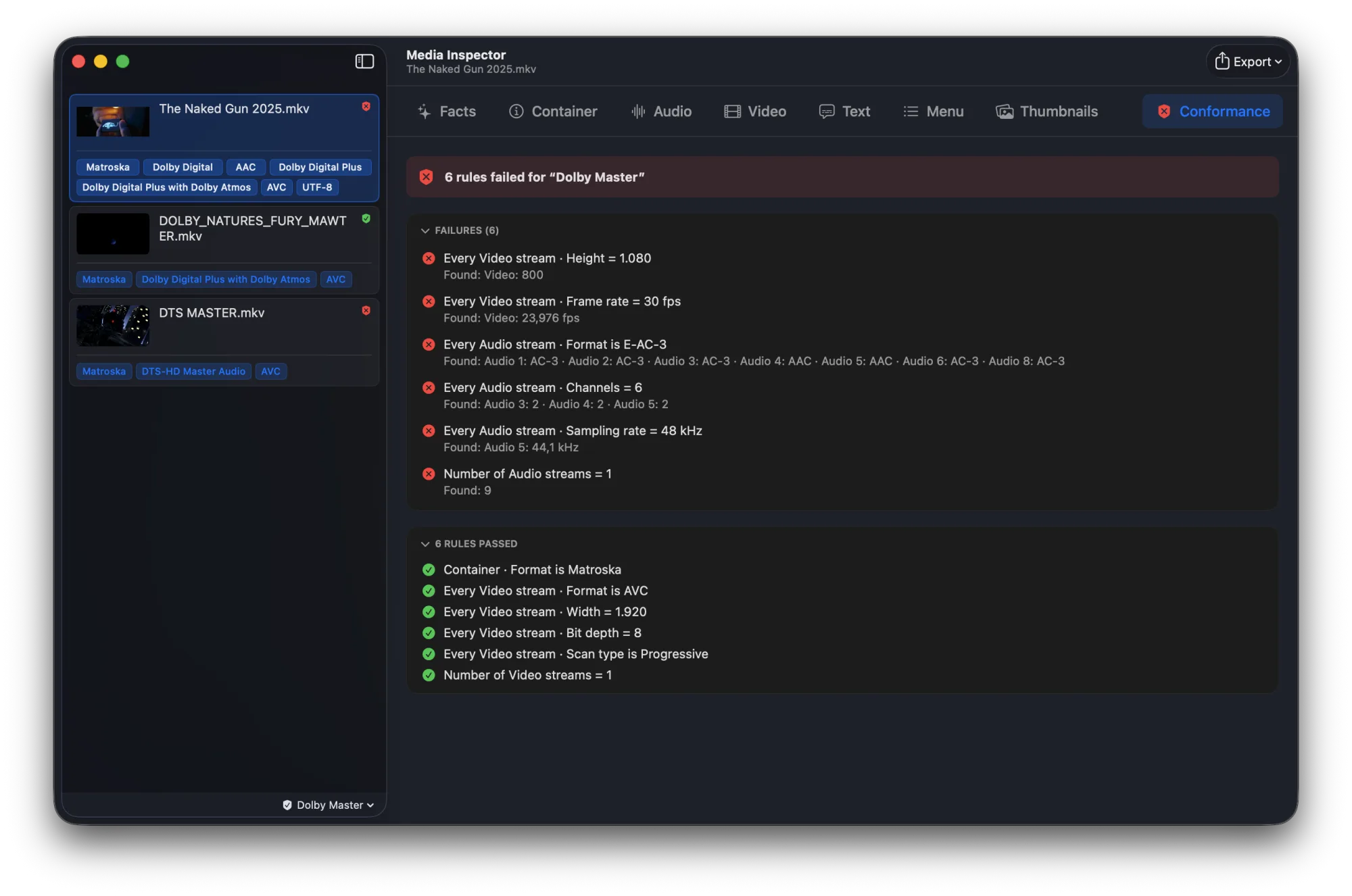 The Conformance tab showing a failing file: failed rules explain expected versus found values