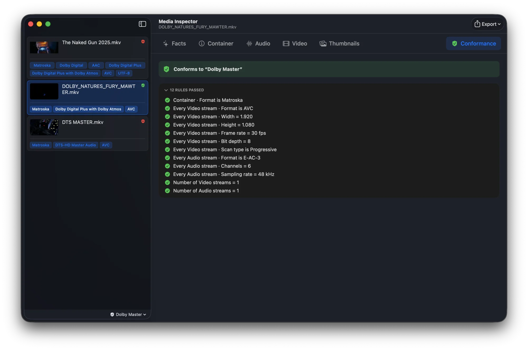 The Conformance tab showing a file that conforms to its policy, with all 12 rules passed