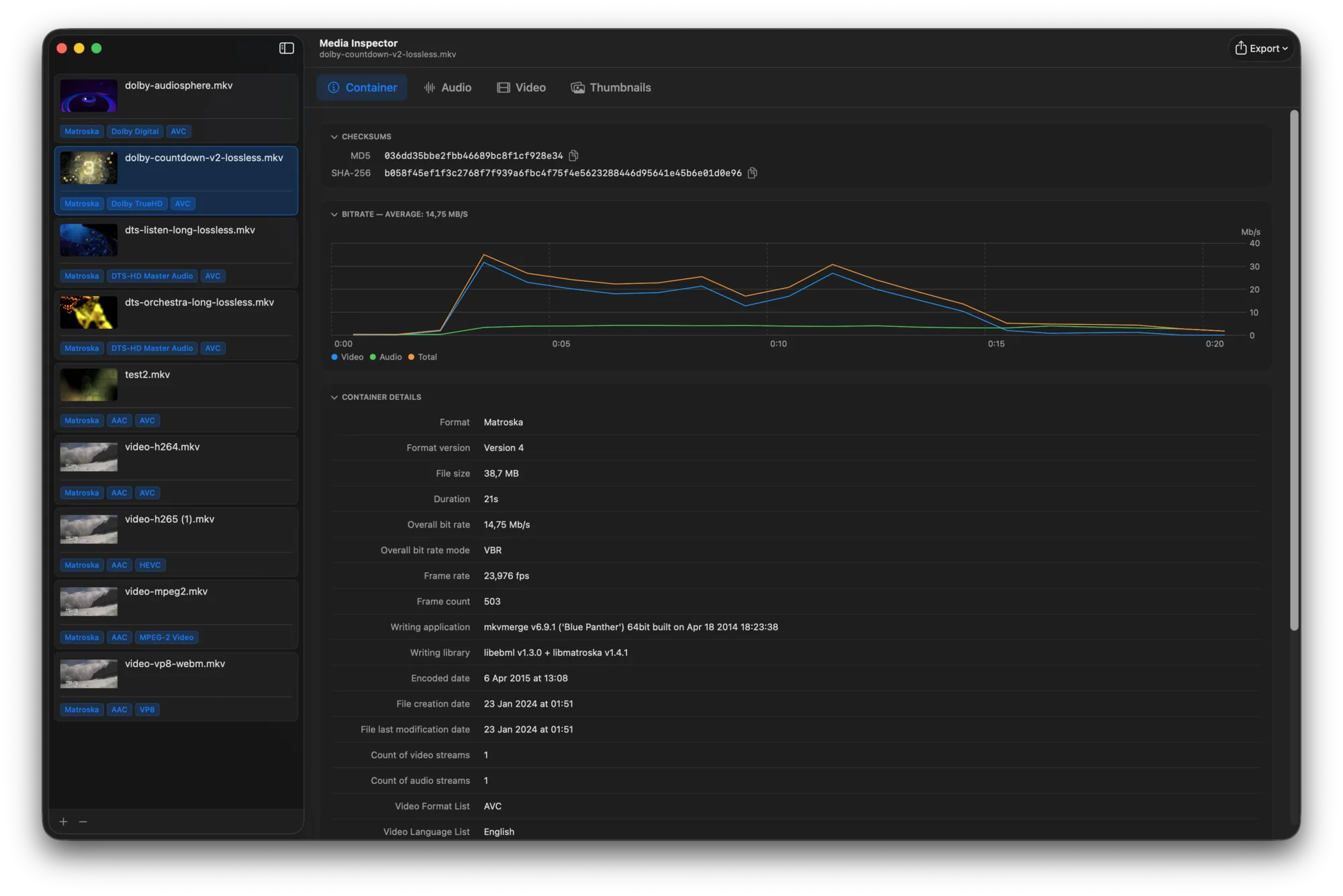 Media Inspector's Container tab: checksums, bitrate graph, and container metadata for an MKV file