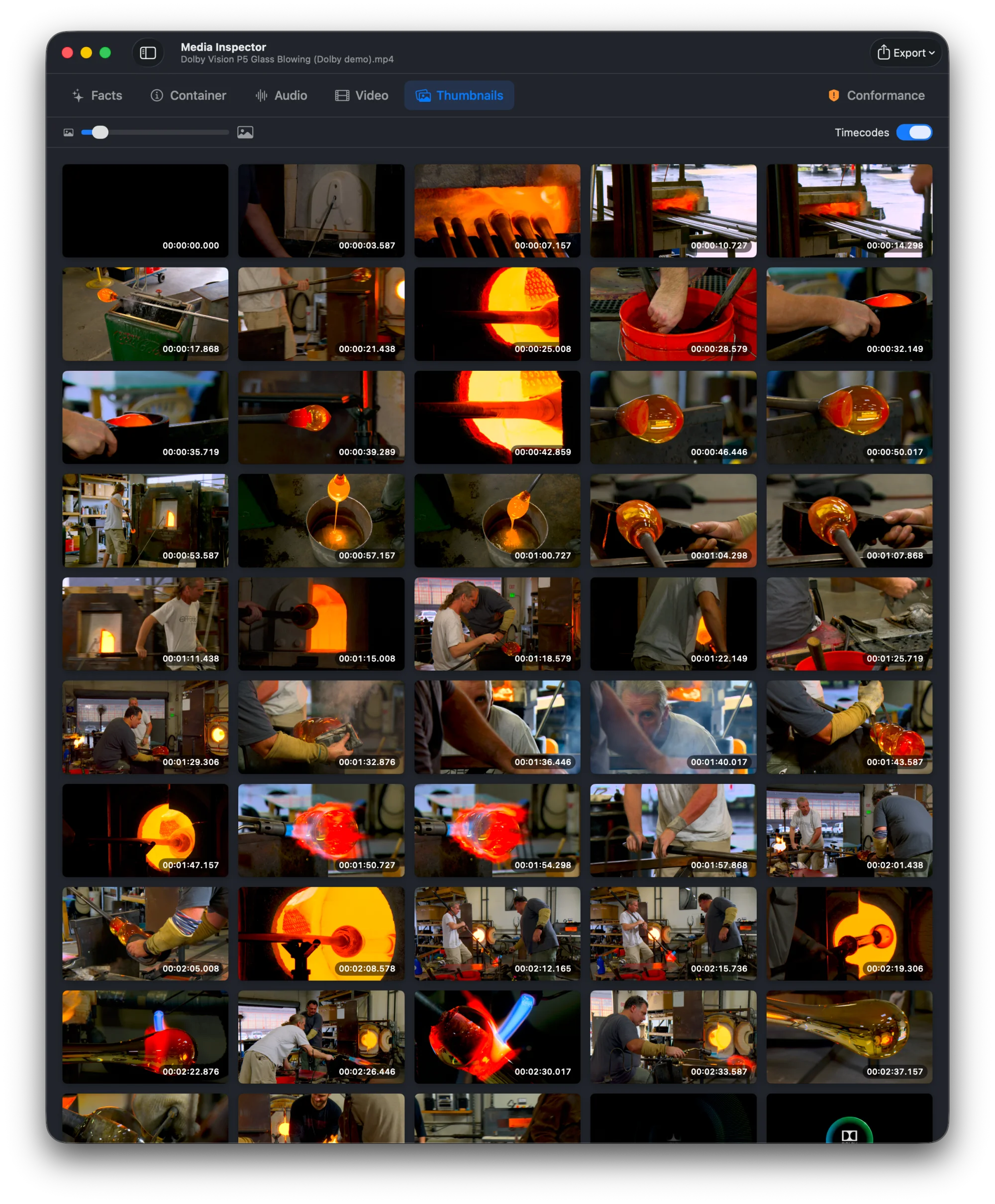 A grid of thumbnails from a Dolby Vision file, rendered in correct colour