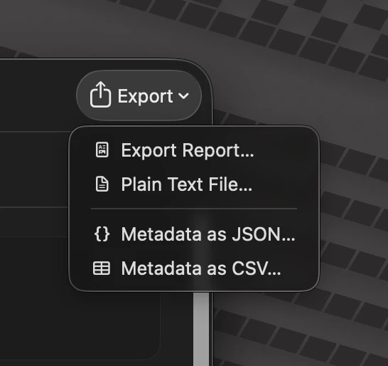 The Export menu: Export Report, Plain Text File, Metadata as JSON, Metadata as CSV