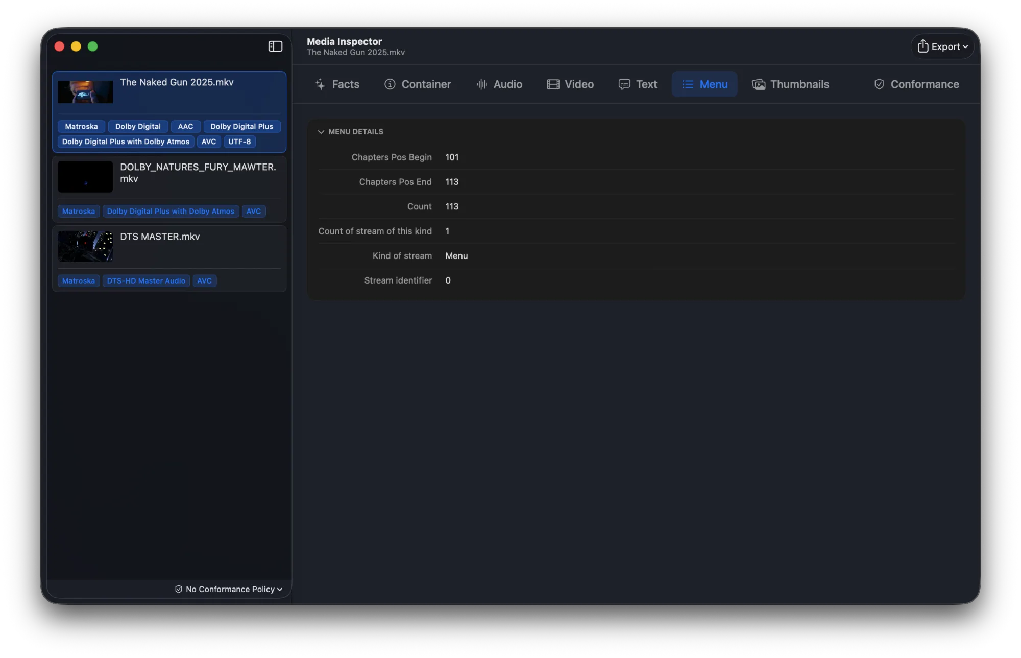 Menu tab listing chapter marks with timestamps