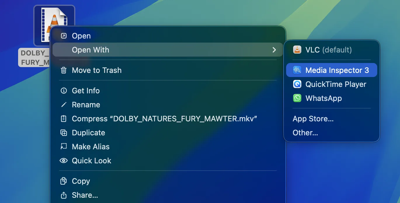 Finder's Open With menu on an MKV file, listing Media Inspector 3