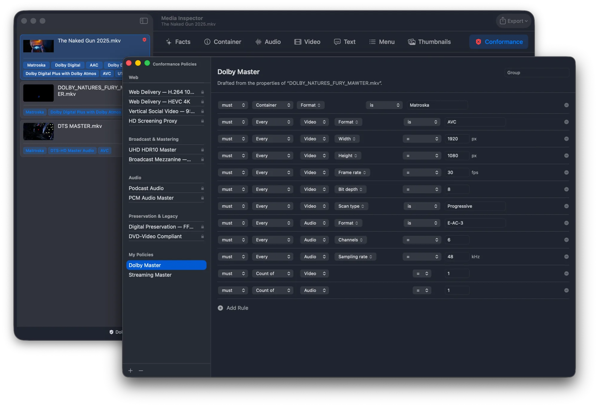 The policy editor window with a policy library sidebar and rules composed from pop-up menus