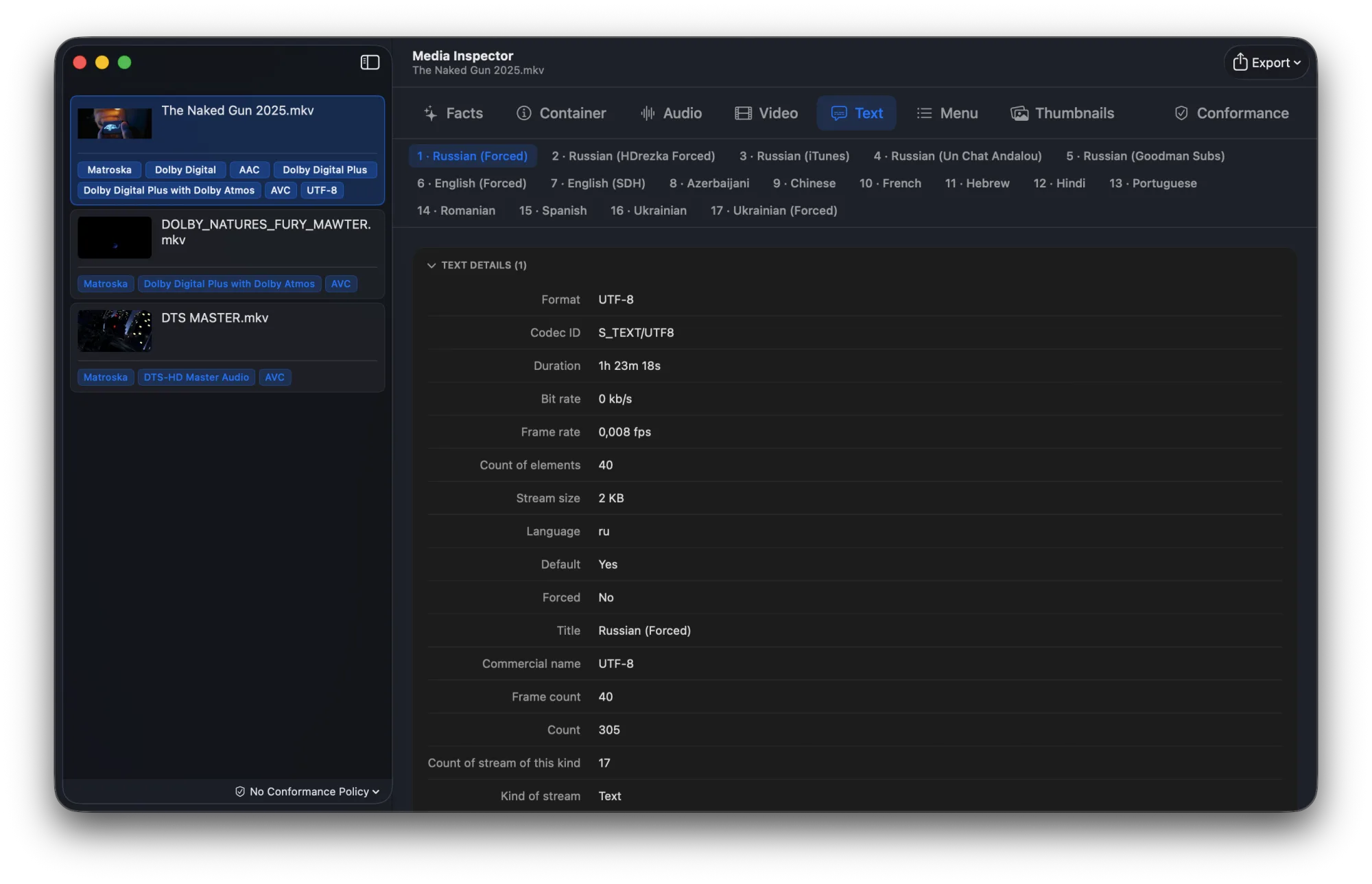 Text tab listing subtitle tracks with their languages and formats