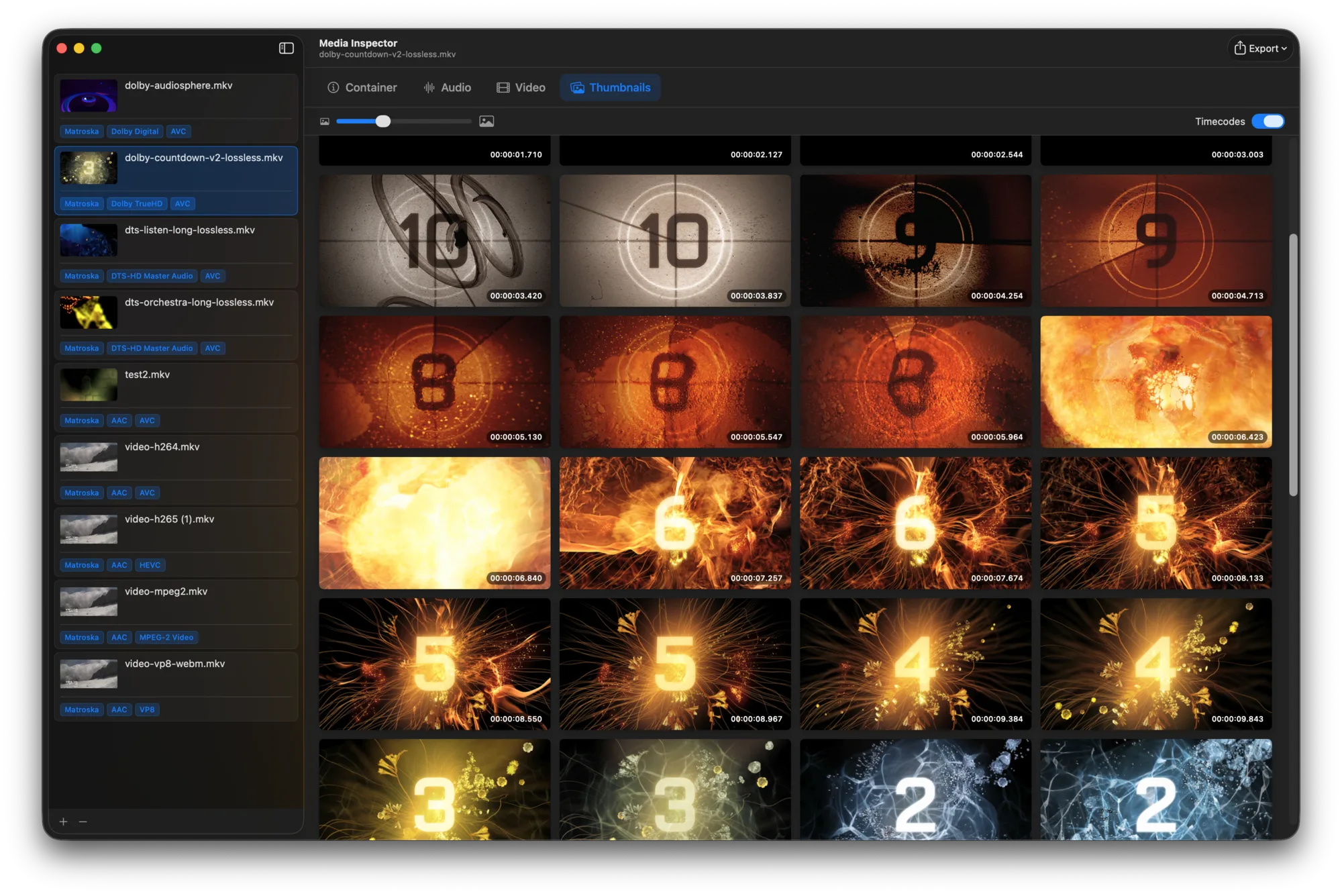 Media Inspector thumbnails grid with timecodes